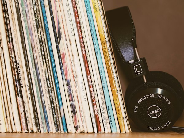 Record spines on a shelf